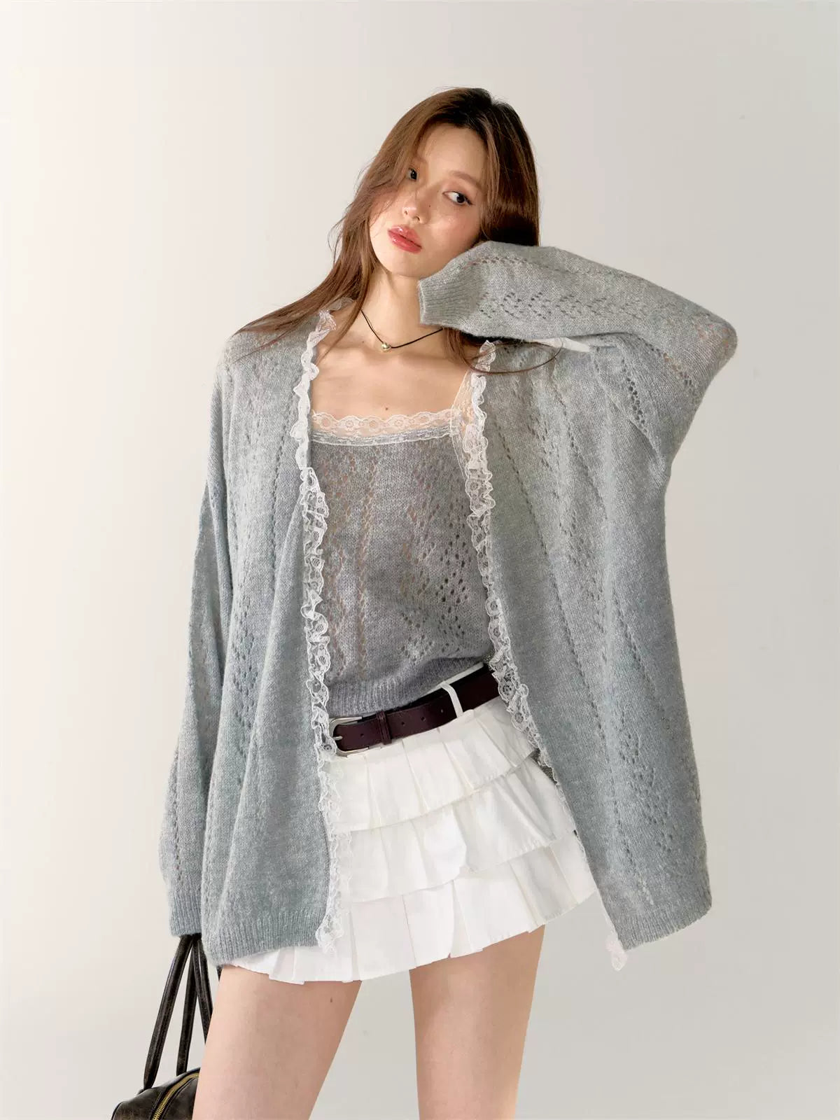 Gray & Purple Lace Trim Cardigan - CHINASQUAD