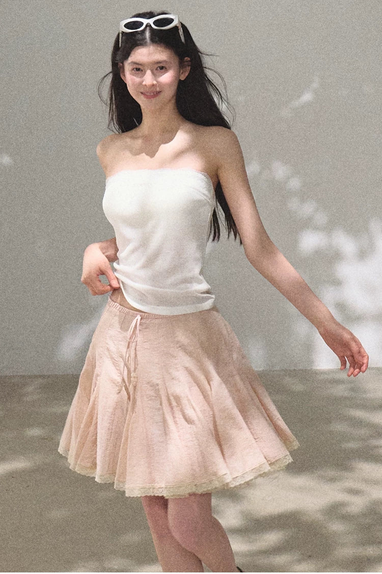 Lyocell Linen A-Line Lace-Trim Mini Skirt