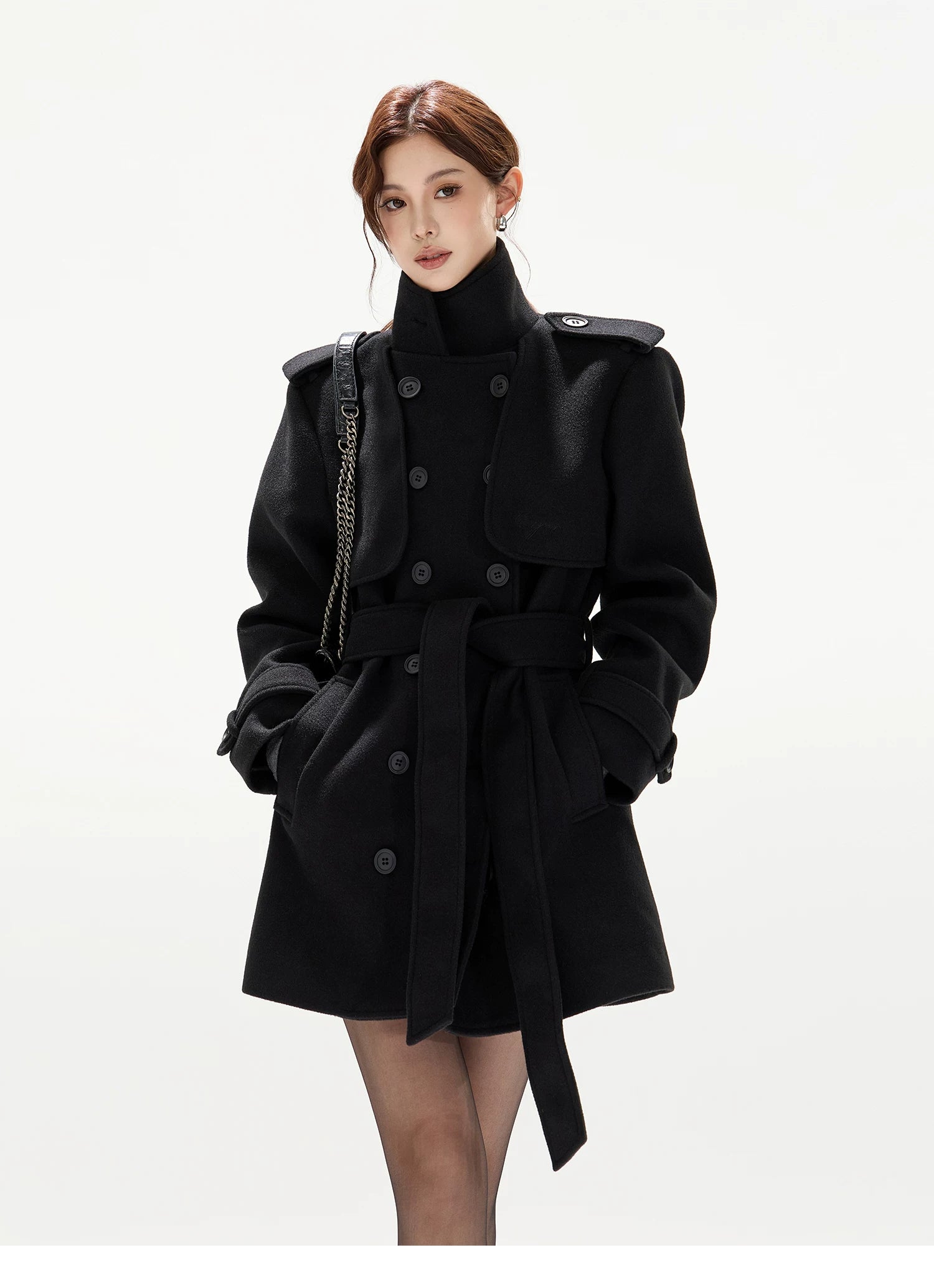 Belted Collar Mid-Length Wool-Feel Jacket