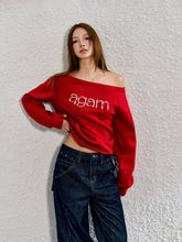 Red & Gray Pearl-studded Off-shoulder Sweatshirt - CHINASQUAD