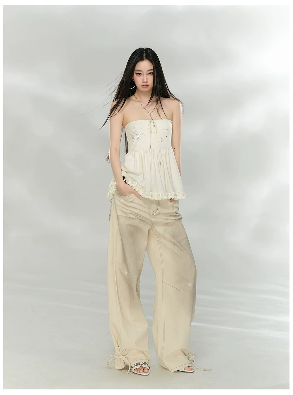 Vintage Washed Bow-Tie Denim Trousers