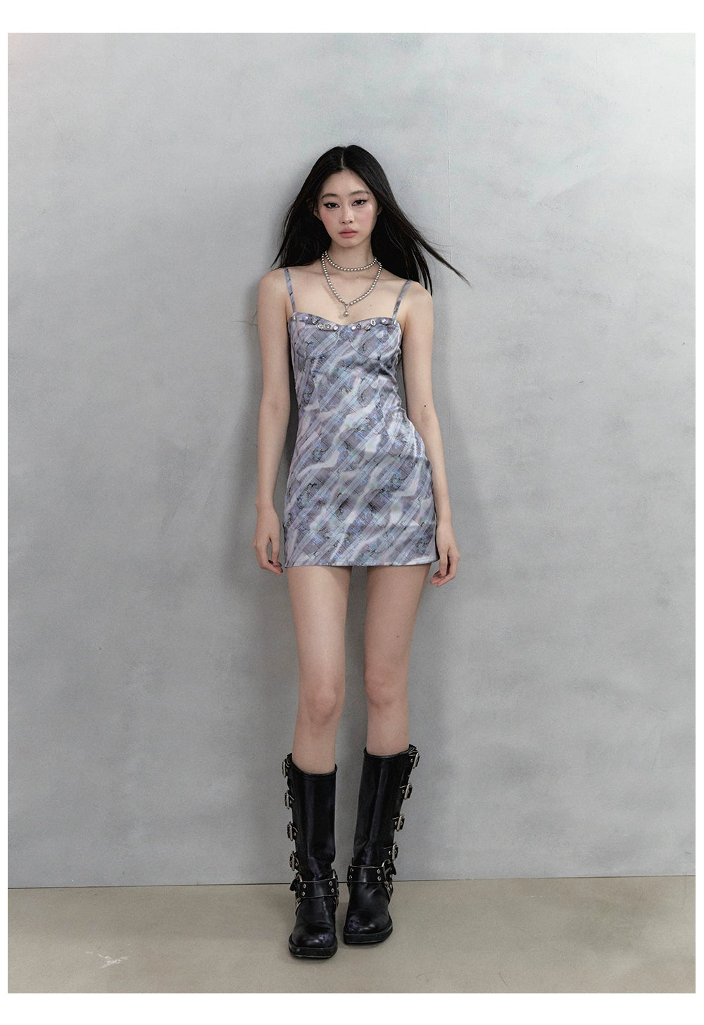 Purple Gray Blue Plaid Camisole Dress - CHINASQUAD