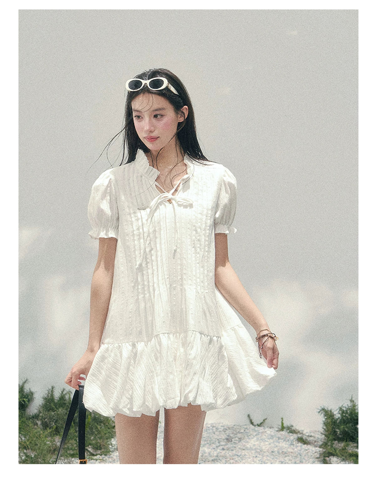 Soft Pleated Puff-Sleeve Mini Dress