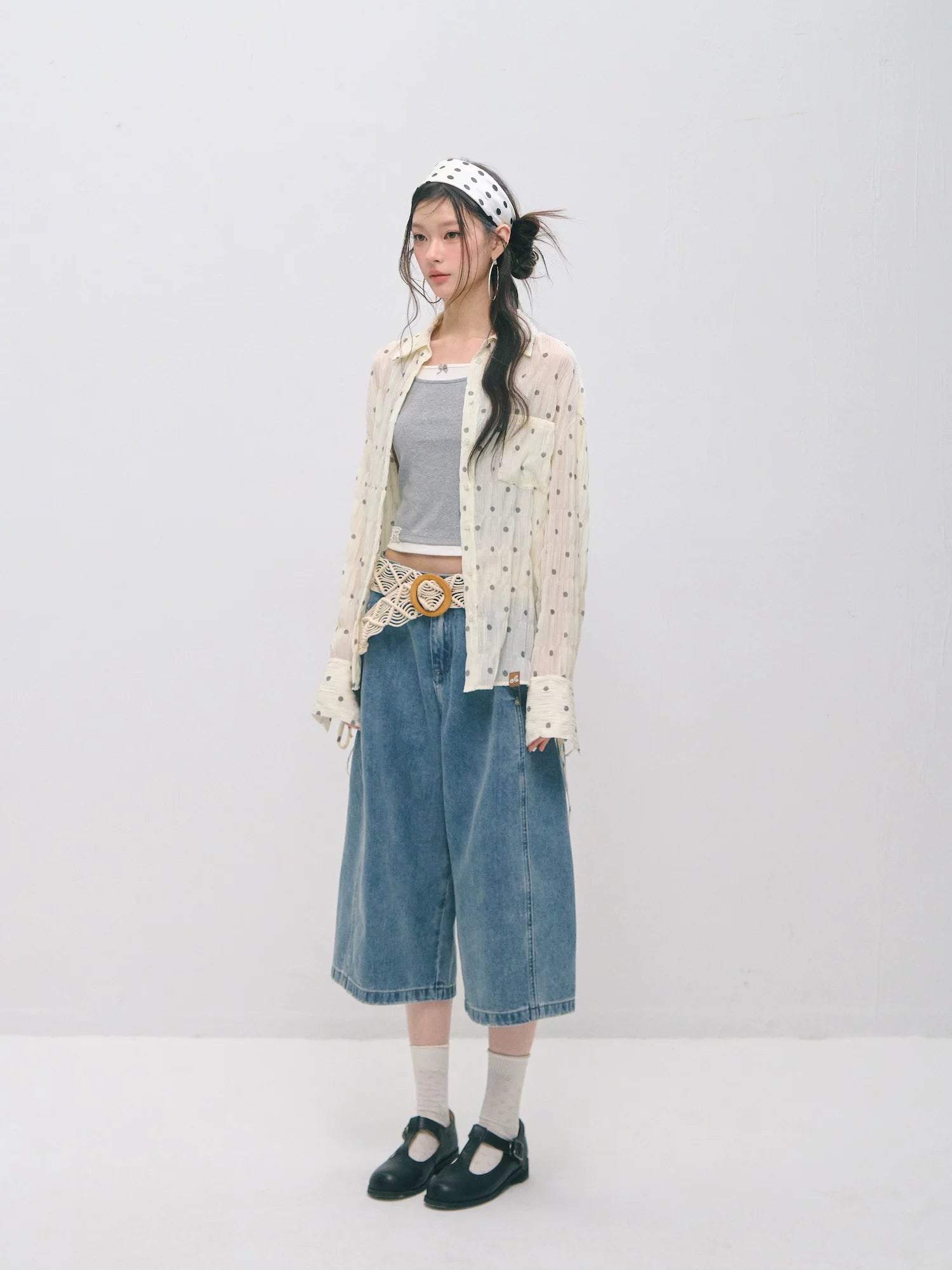 Polka Dot Textured Ruched Shirt