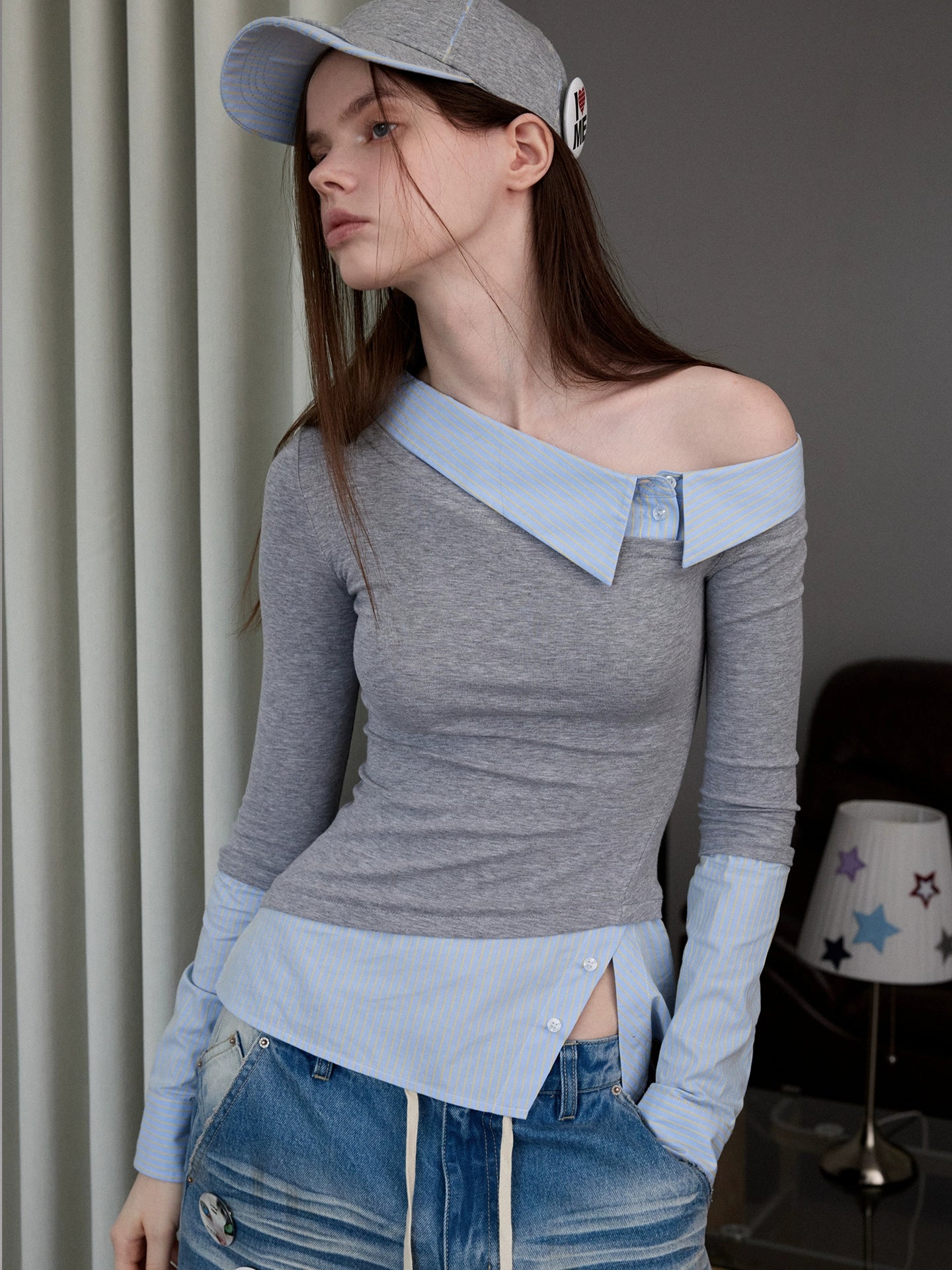 Asymmetric Collar Fake Two-Piece Fitted Blouse - CHINASQUAD