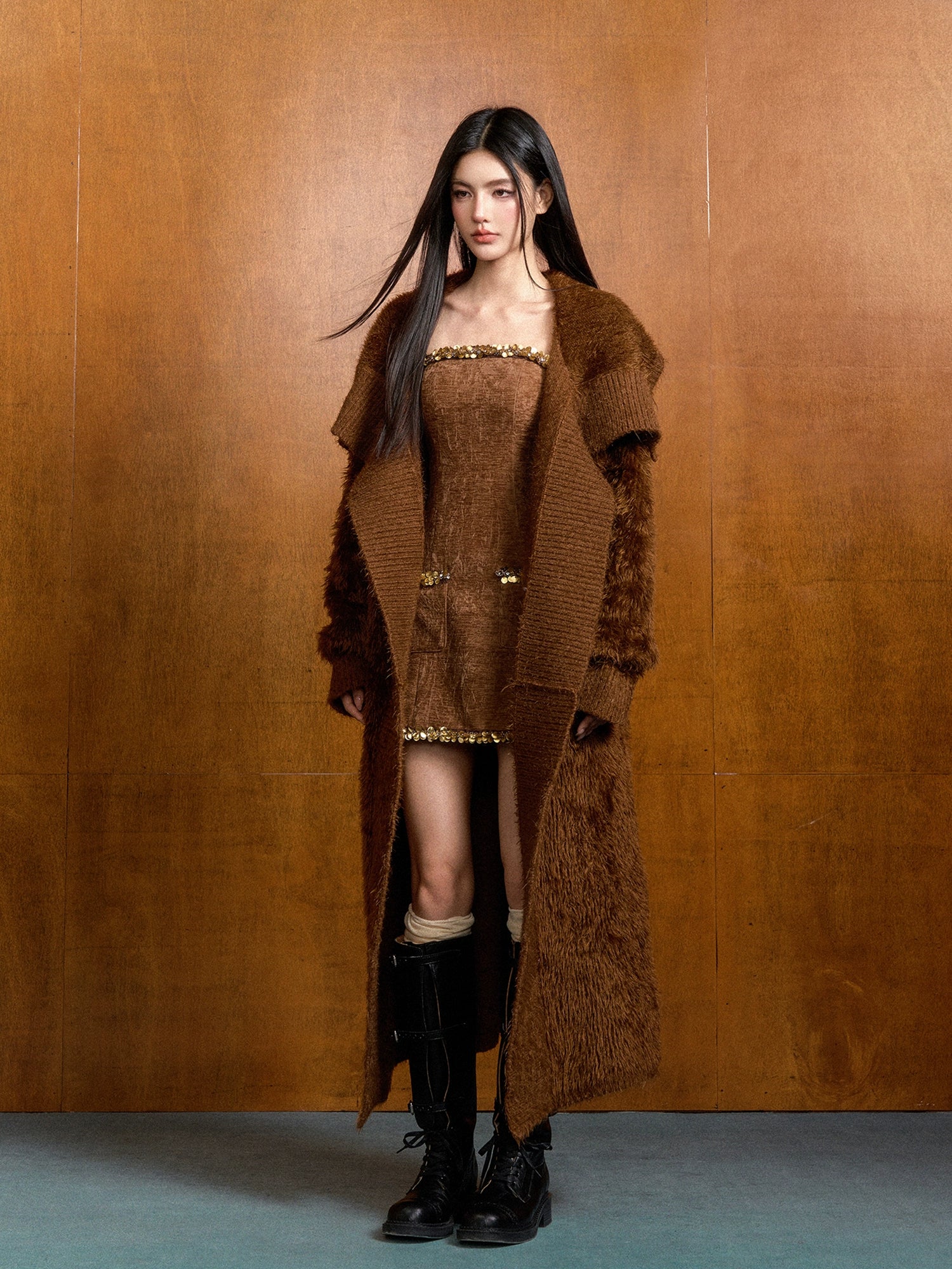 Feather Yarn Long Knit Cardigan & Sweater Set - CHINASQUAD