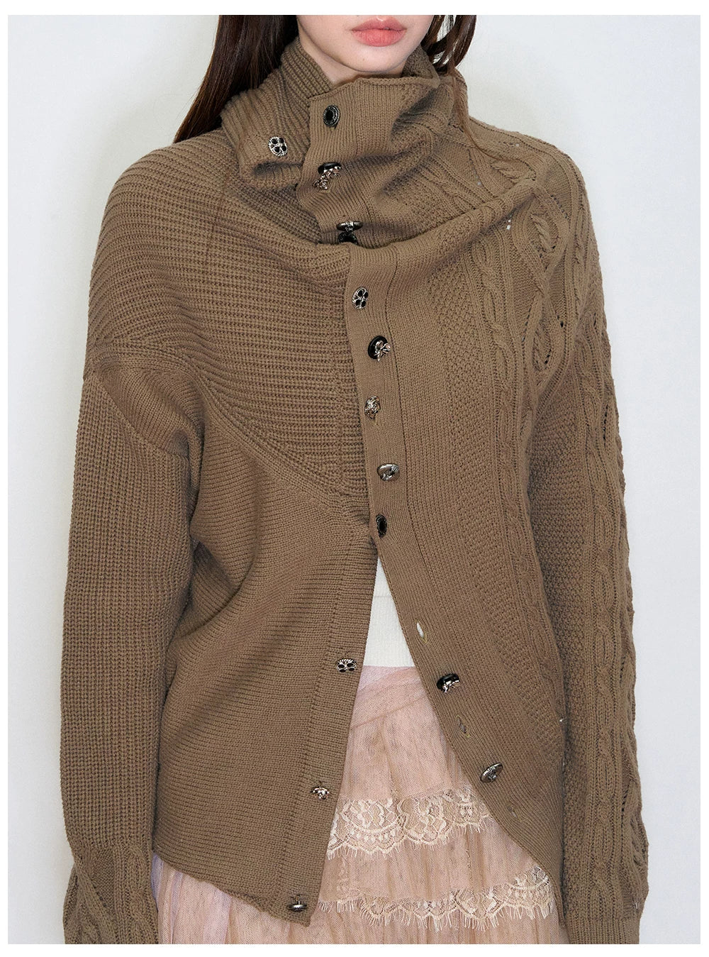 Oversized Collar Asymmetric Knit Sweater Jacket