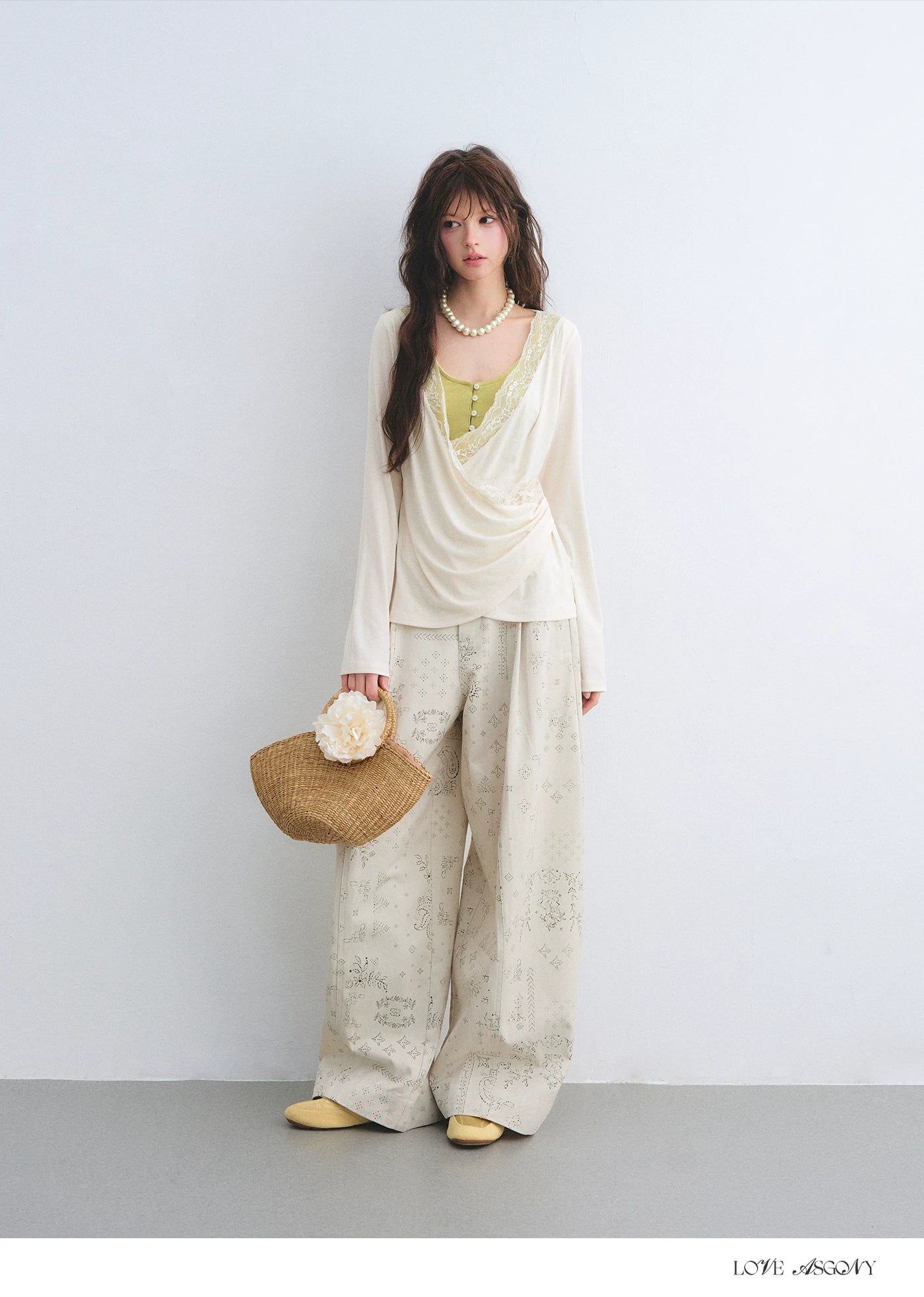Tencel Lace Contrast Layered Cross-Drape Blouse