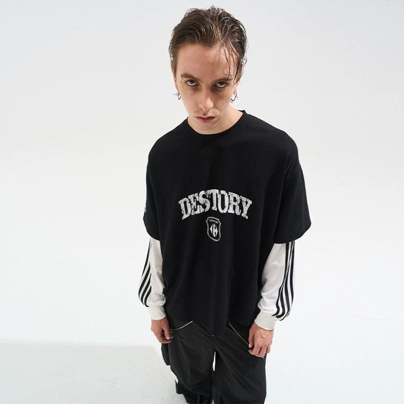 Faded Print Layered-Effect Patchwork Long Sleeve T-Shirt - CHINASQUAD