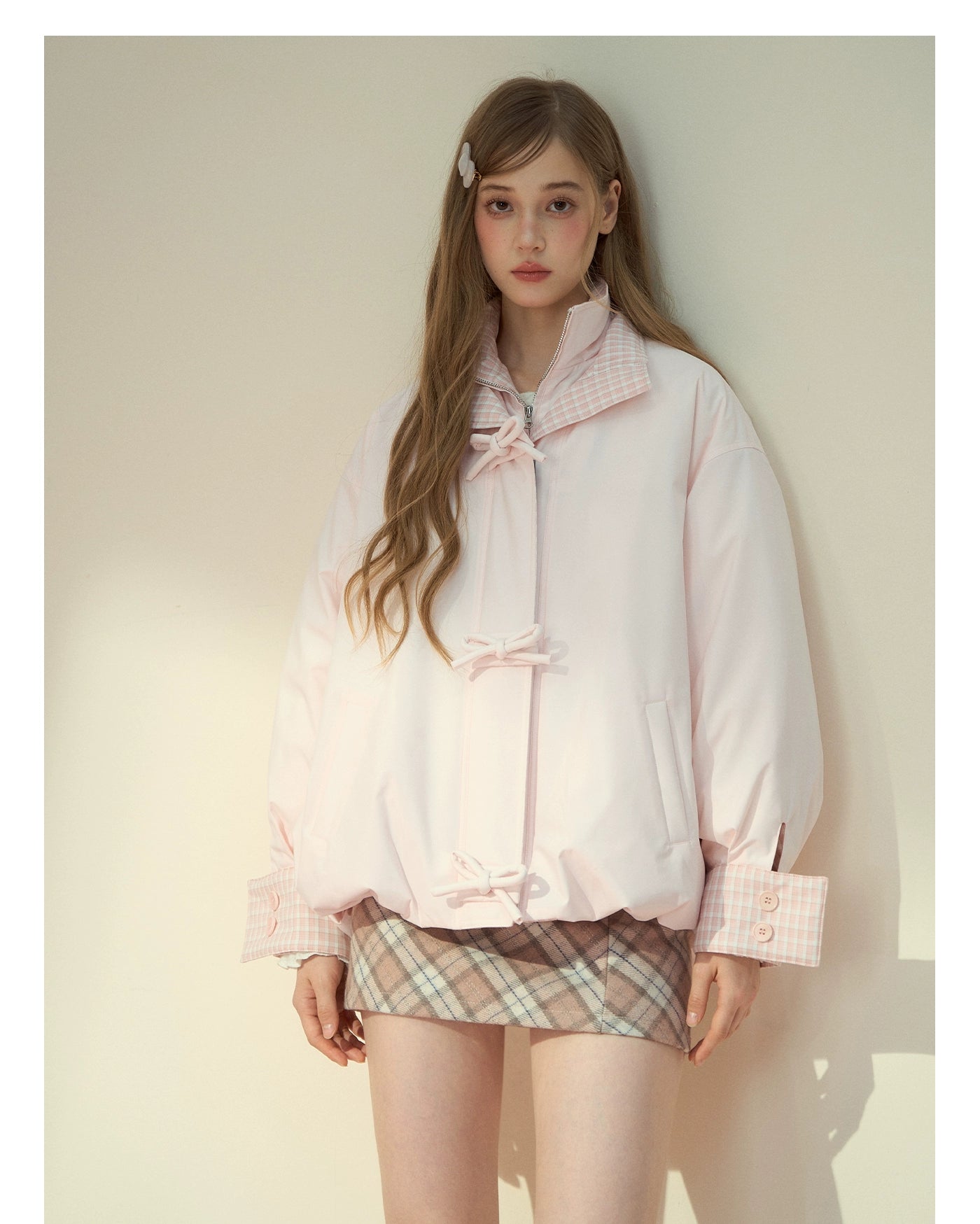 Pink Bow Check Down Jacket - CHINASQUAD