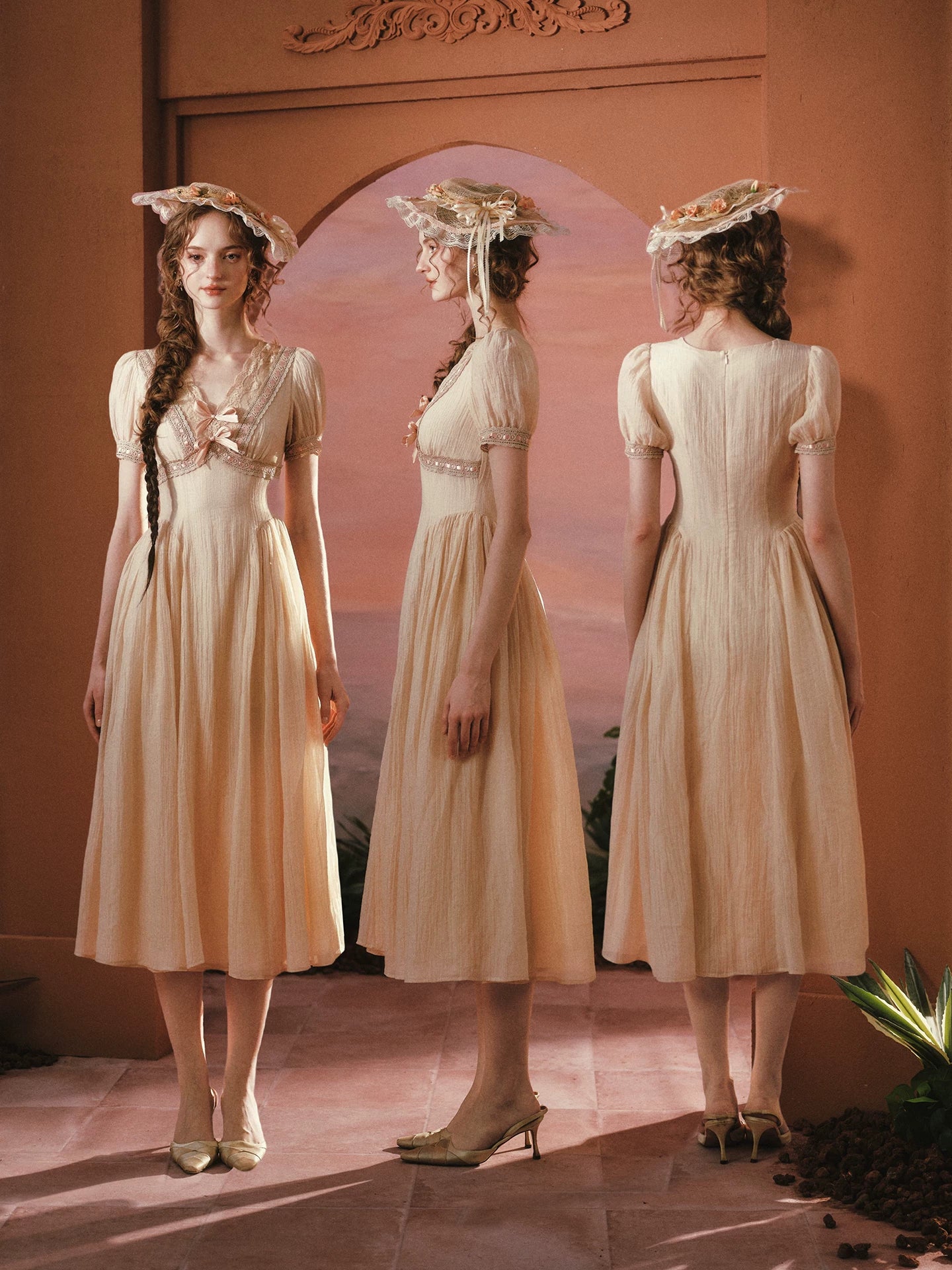 Sunset Rose French Vintage V-Neck Waist-Cinching Dress