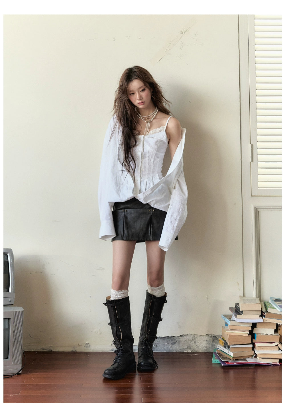 Dark Brown Studded PU Leather Skirt - CHINASQUAD