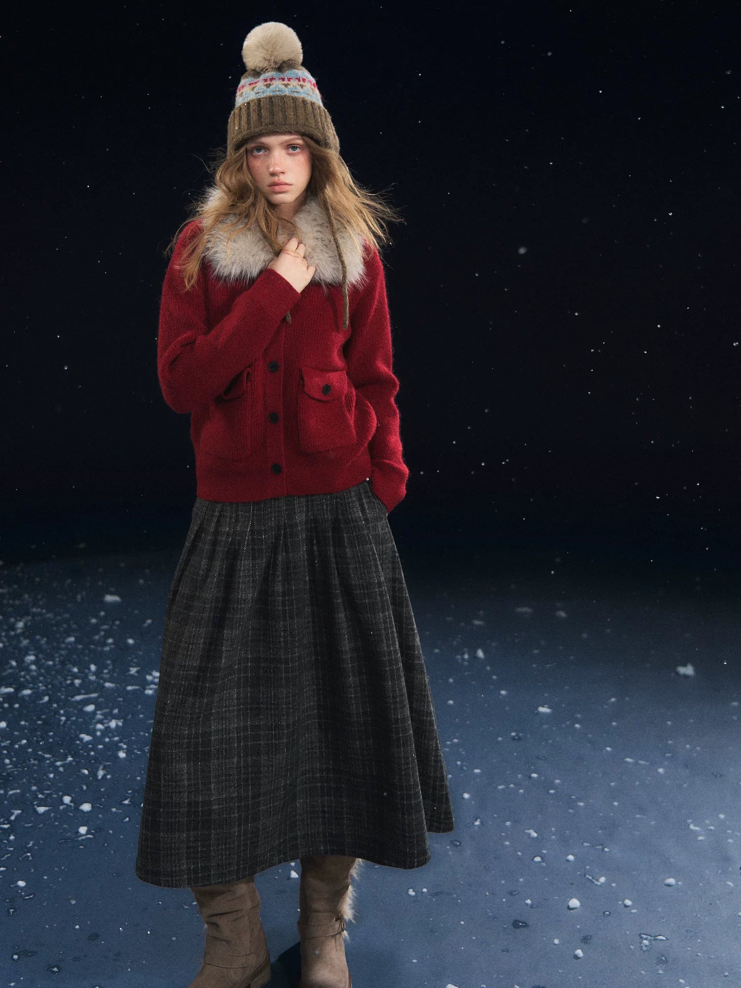 Detachable Fur Collar Ribbed Cardigan