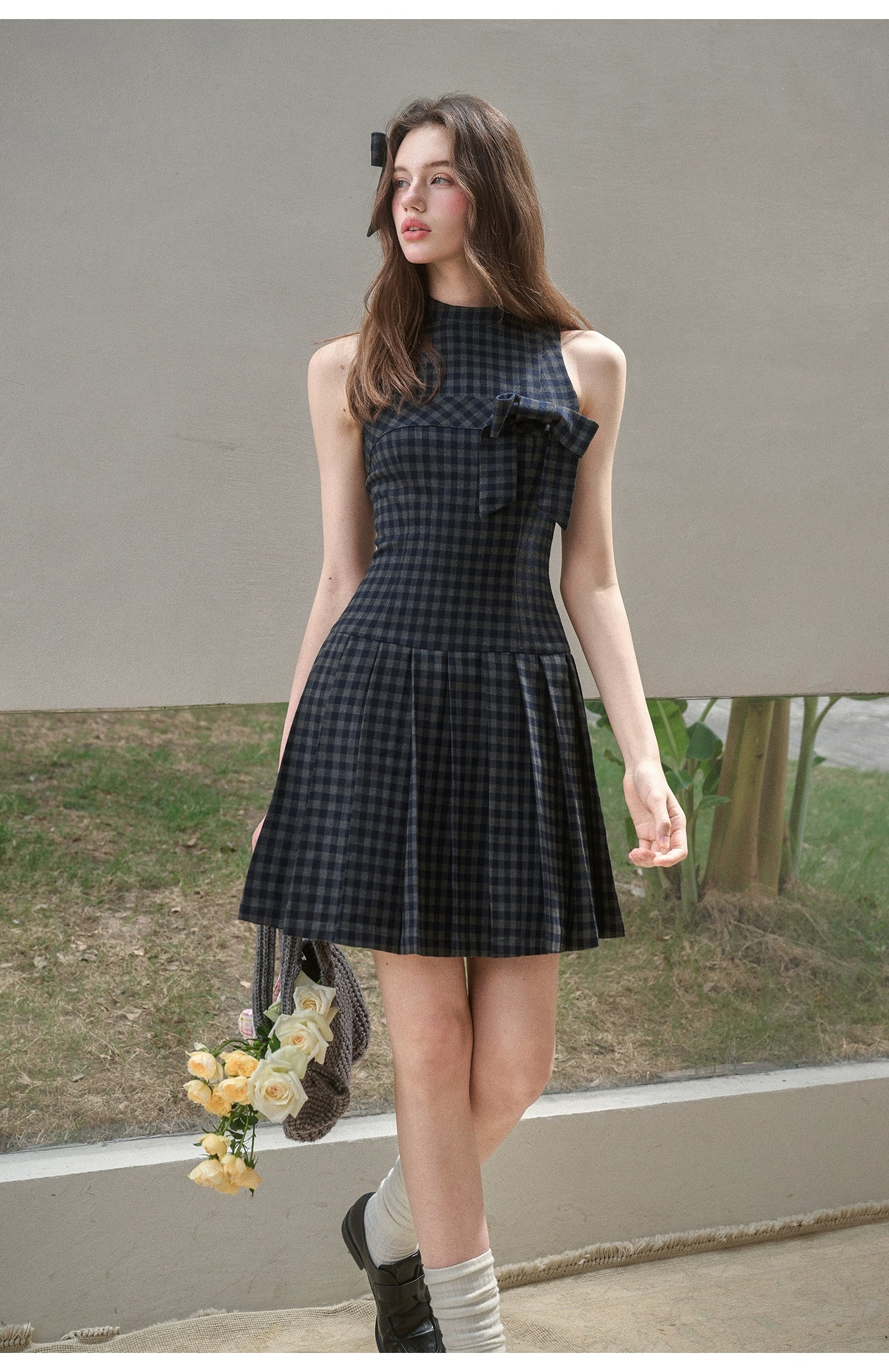 Bow Halter Checked Pleated Dress