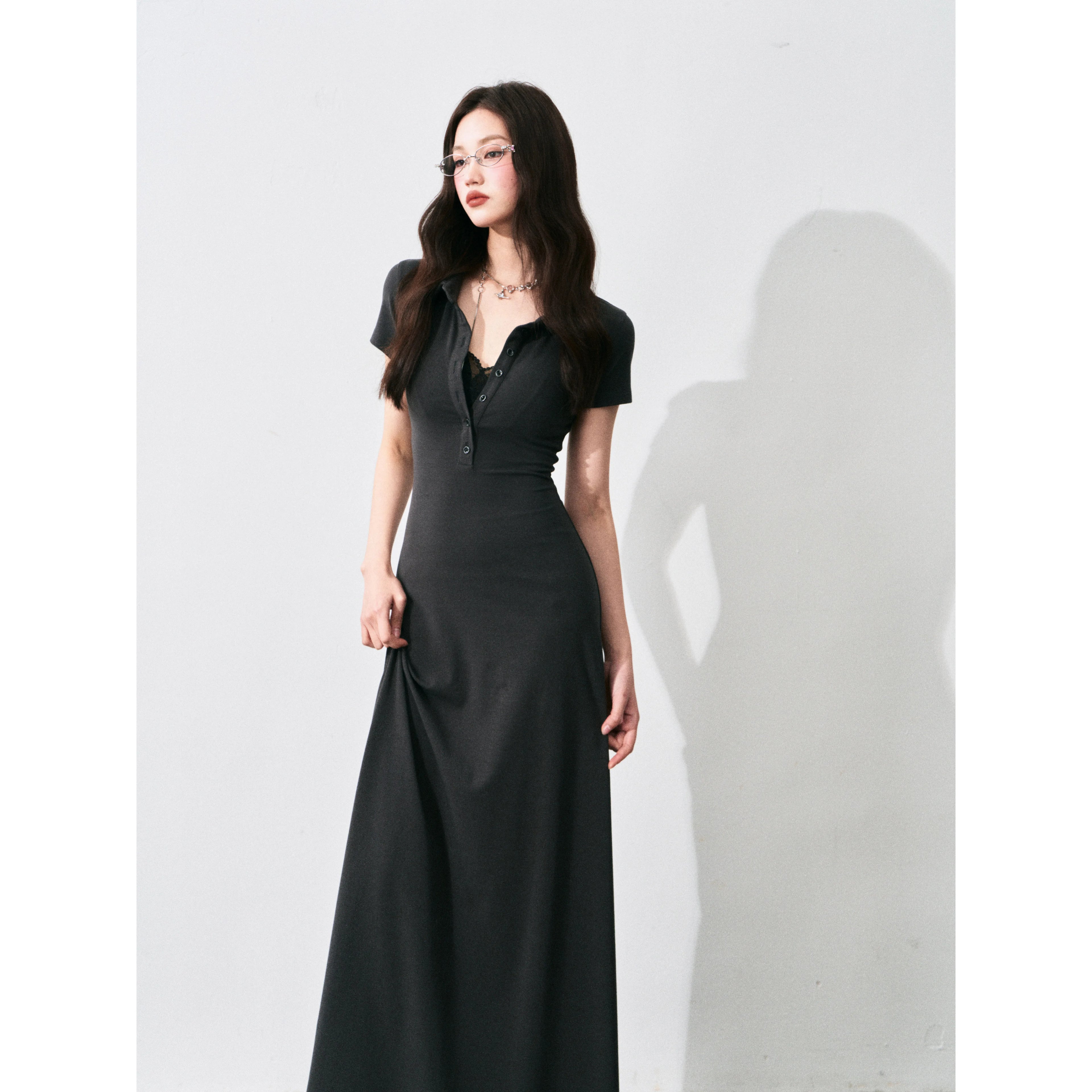Half-Placket Polo Collar Knit Maxi Dress