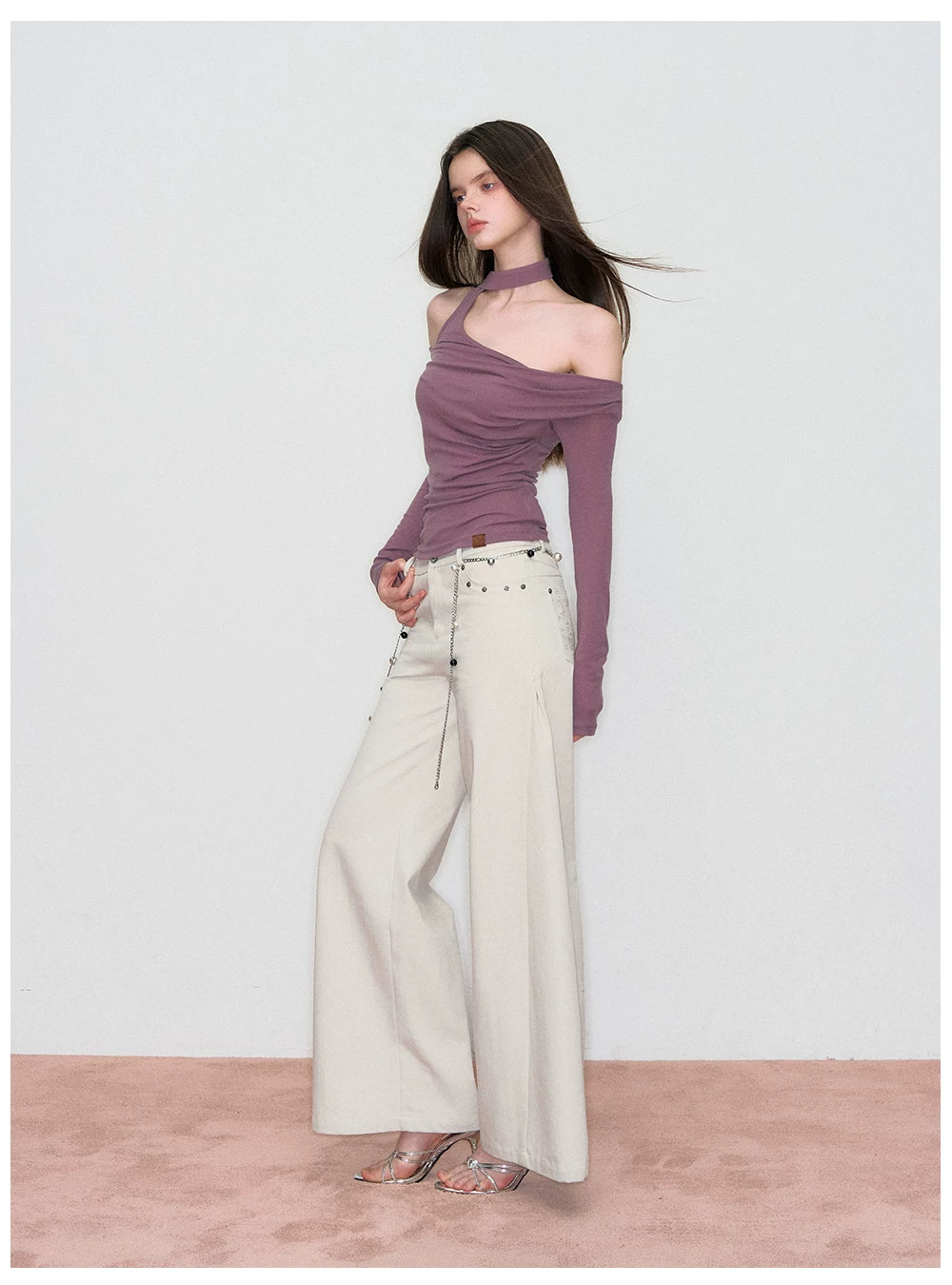Wave-Embroidered Wide-Leg Straight Pants