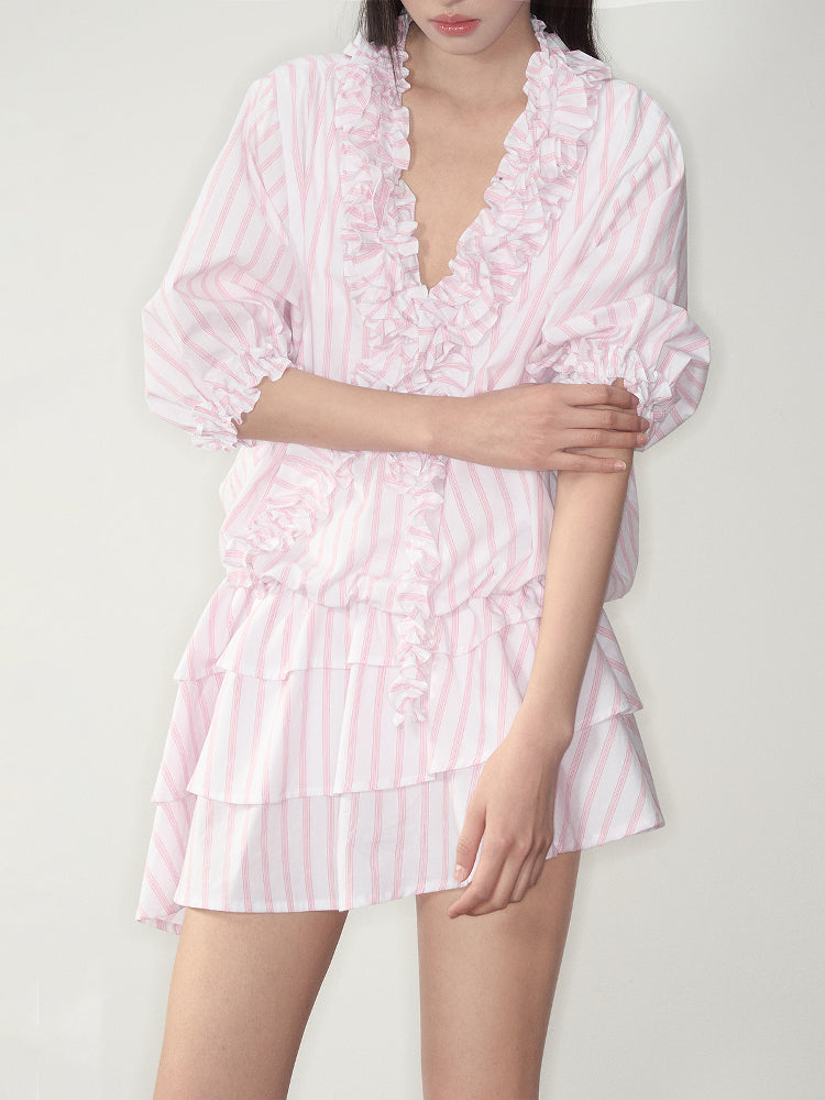 Pink Striped Relaxed Ruffle Dress - CHINASQUAD