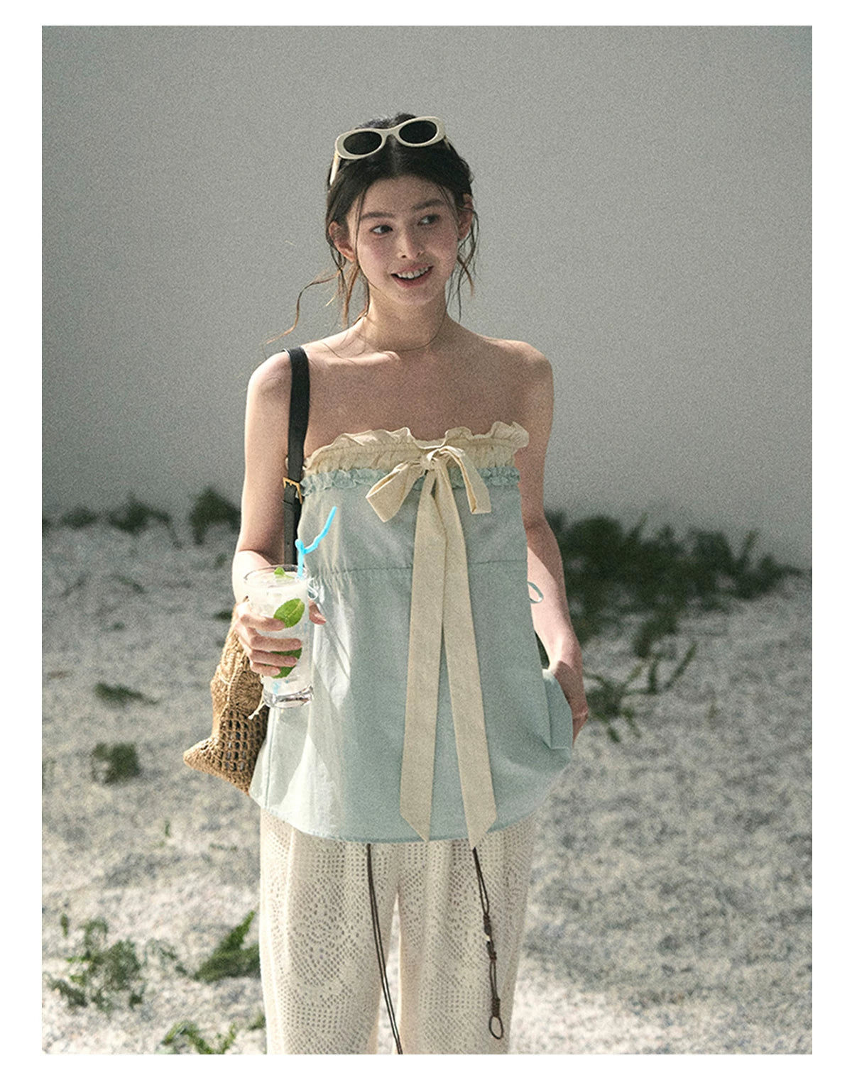 “Soft Blue Whisper” Faux Two-Piece Bandeau Top