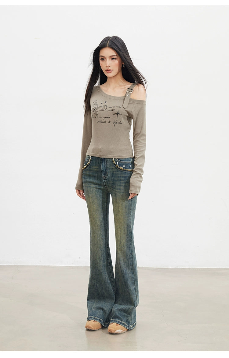 Butterfly Cold-Shoulder Long-Sleeve T-shirt - CHINASQUAD