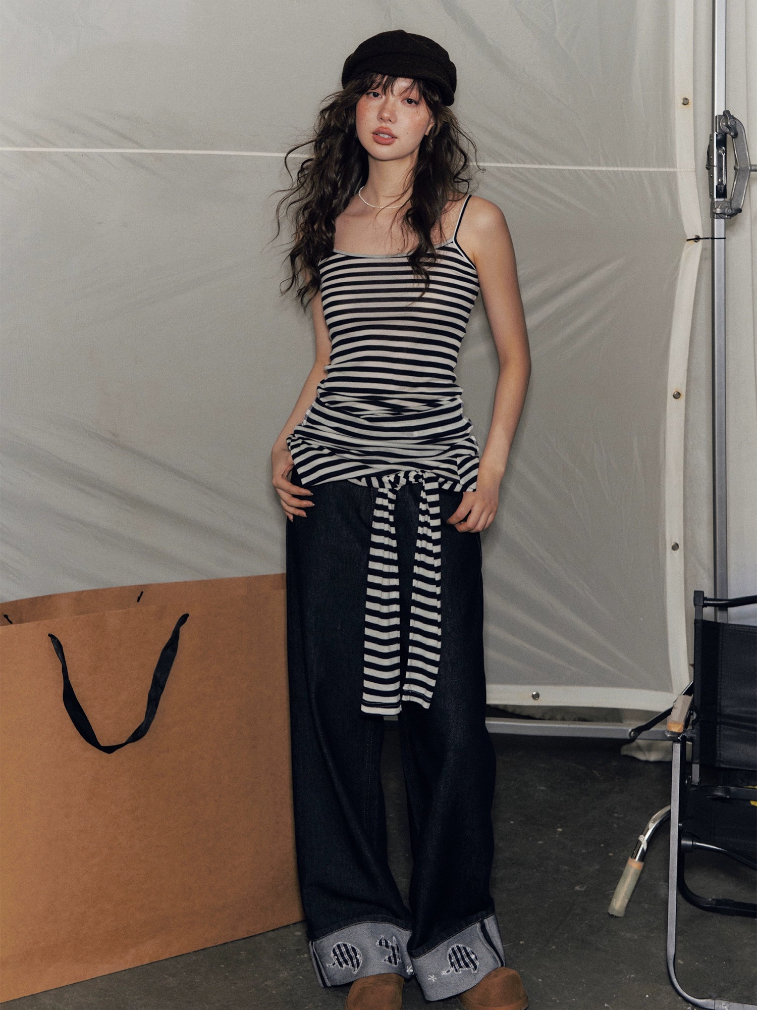 Striped Off Shoulder Fake Two-Piece T-Shirt - CHINASQUAD