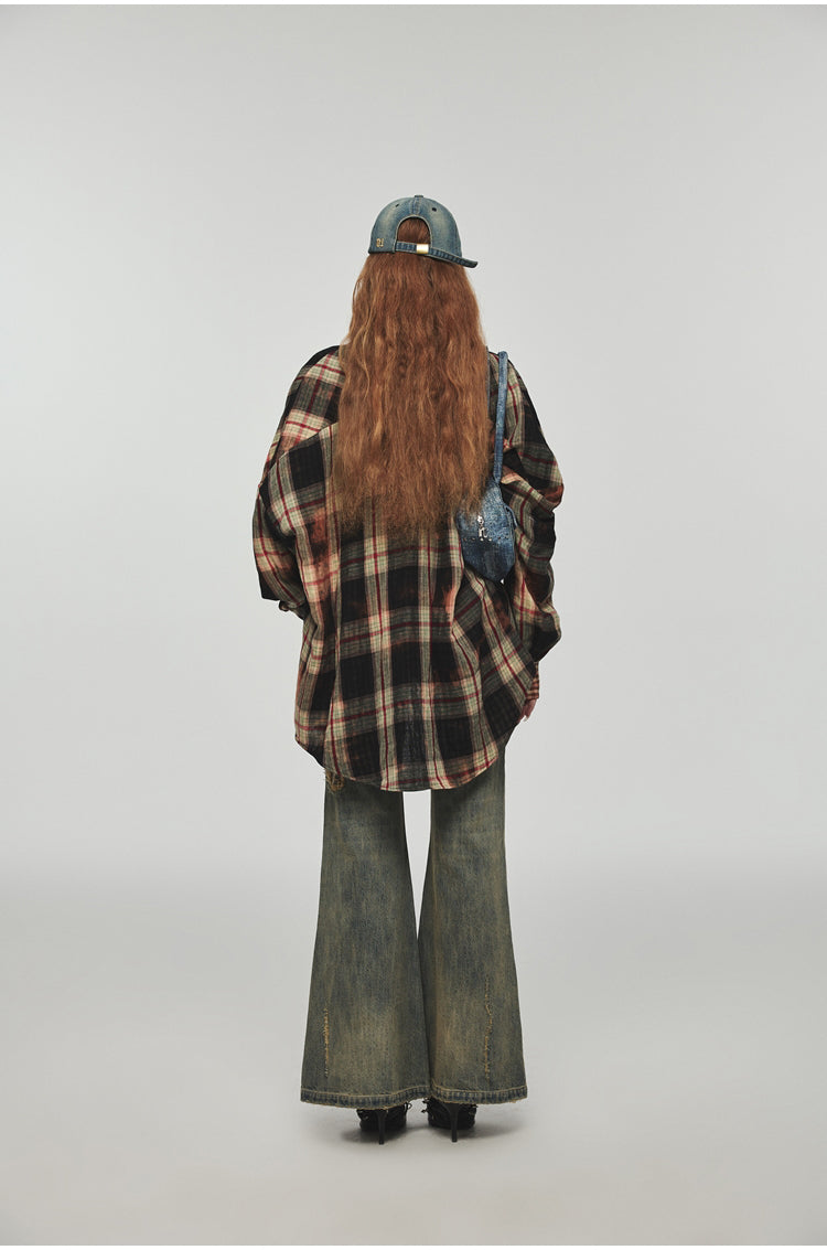 Tie-dye Plaid Shirt & Mini Skirt Set - CHINASQUAD