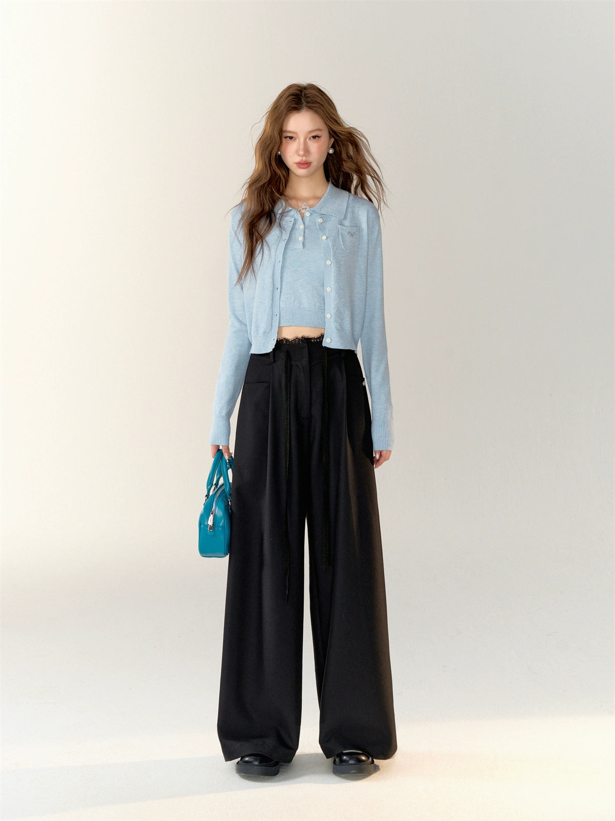 Lace Spliced High-Waisted Straight-Leg Wide Pants - CHINASQUAD