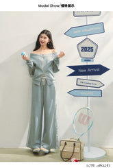 Off-Shoulder Zip-up Sweatshirt & Pants Set - CHINASQUAD