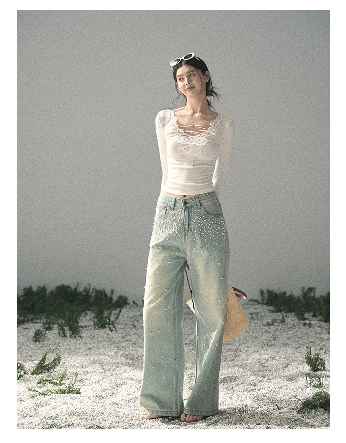 Pearl Studded Straight Leg Jeans