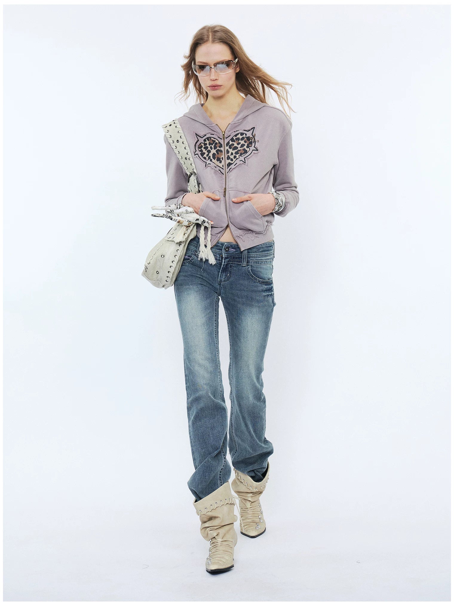 Love Leopard Print Embroidered Zip Hoodie