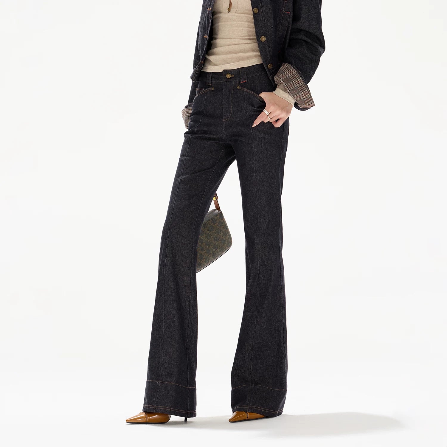 Plaid Mid-Rise Flared Wide-Leg Jeans