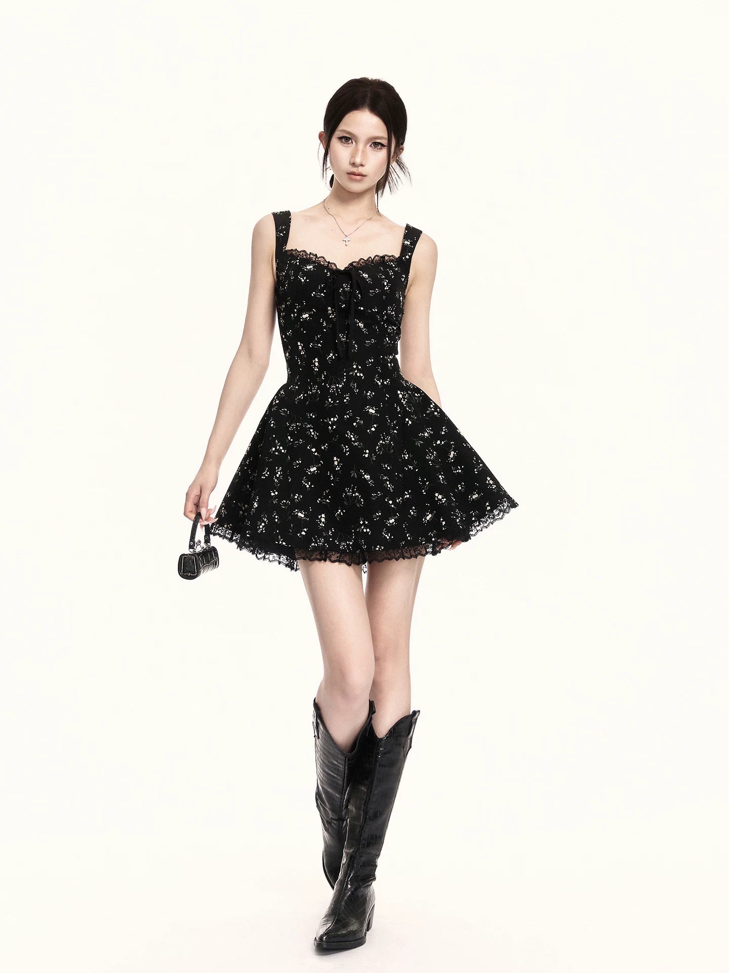 Midnight Bloom Square-Neck Floral Mini Dress