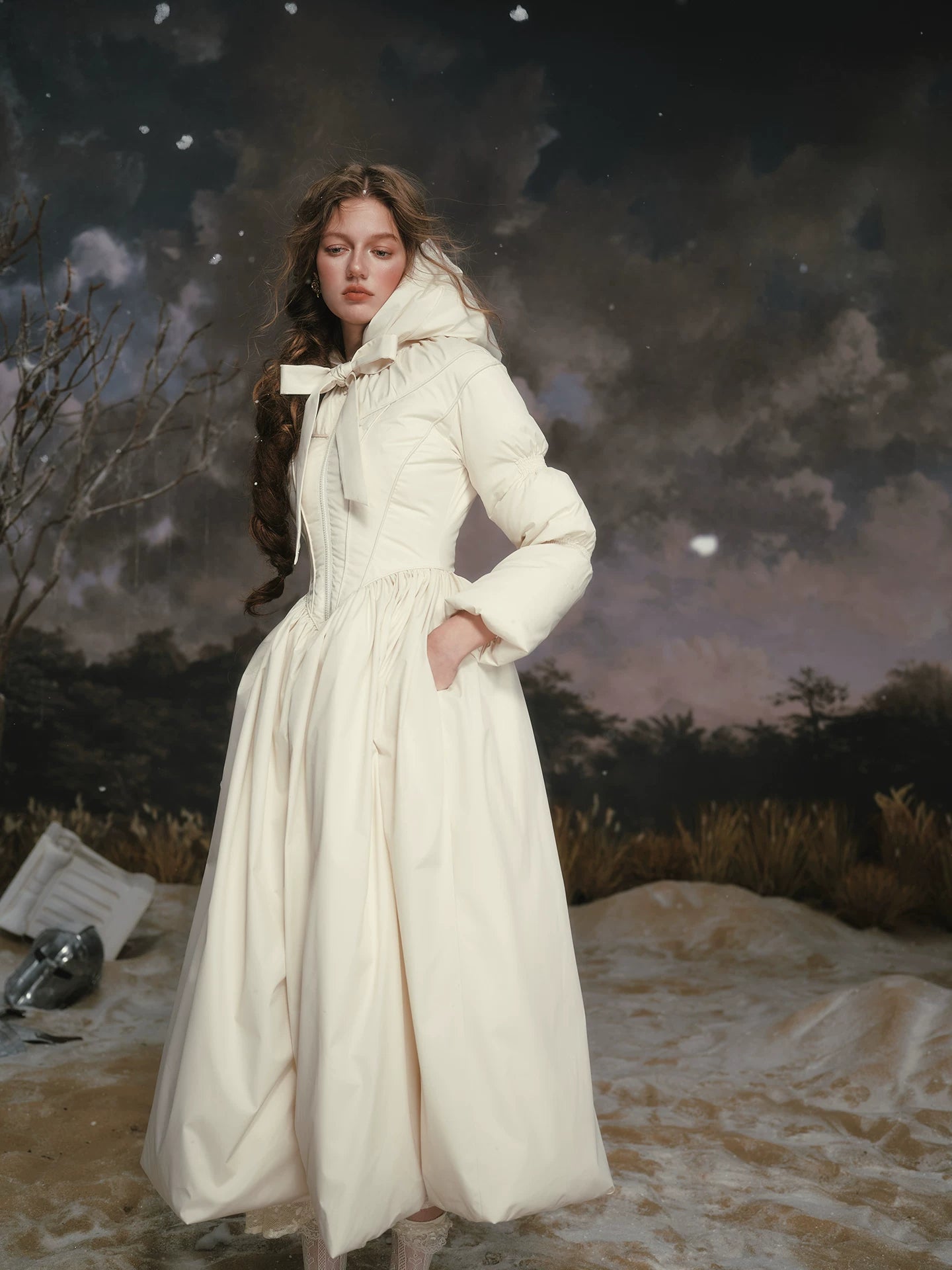 French Tailored Cinched-Waist Long Down Coat