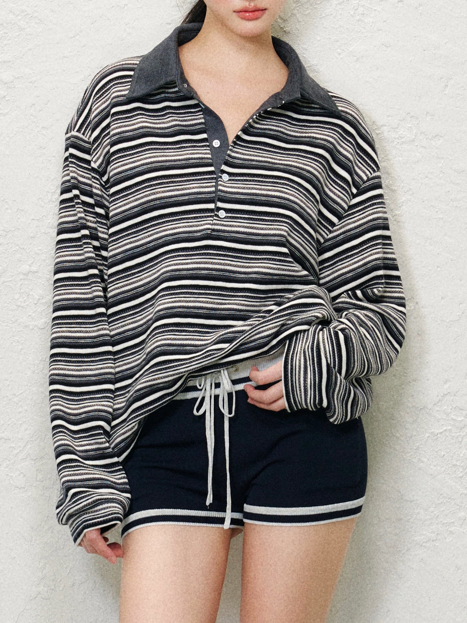 Striped Color-block Polo Collar Long Sleeve T-shirt - CHINASQUAD