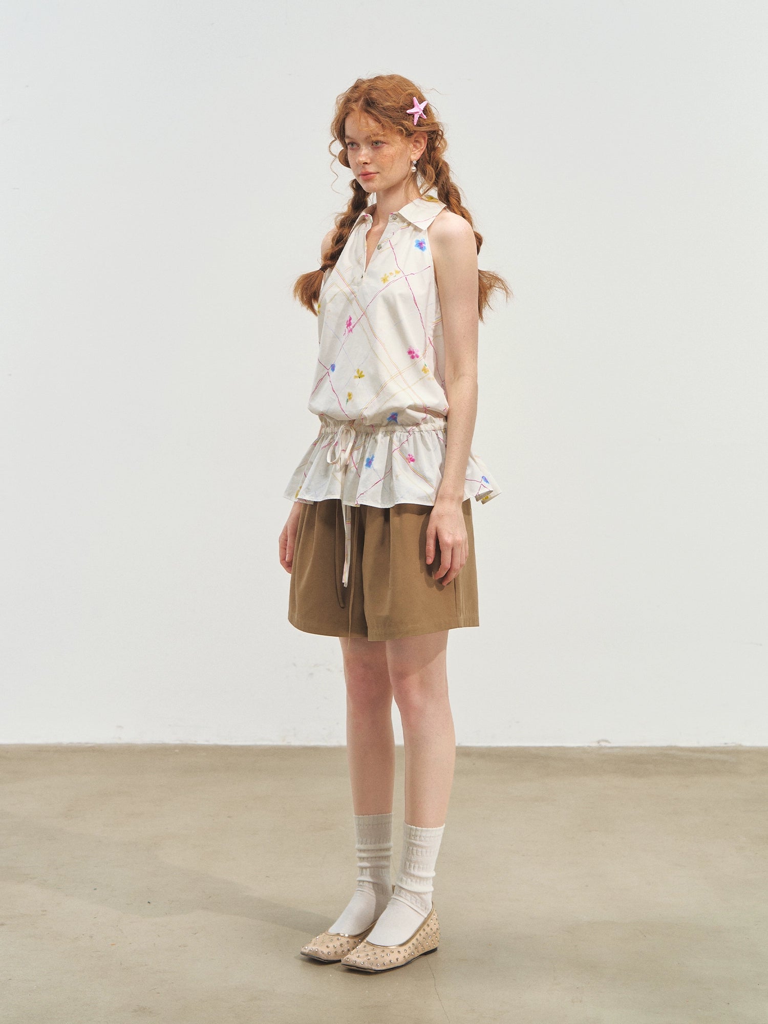 French-Style Printed Sleeveless Halter Tie-Up Top - CHINASQUAD