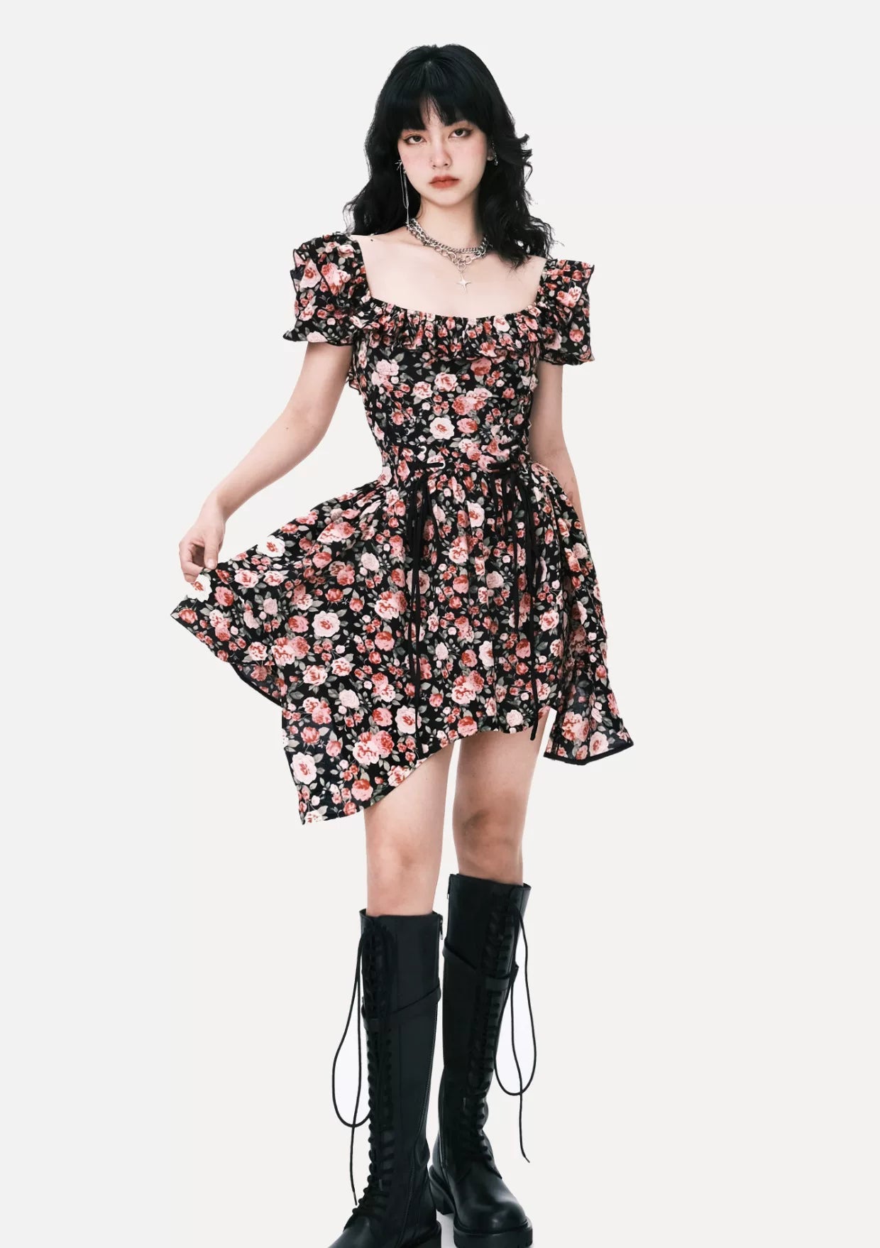 Lace-Up Asymmetric Waist-Defined Dress