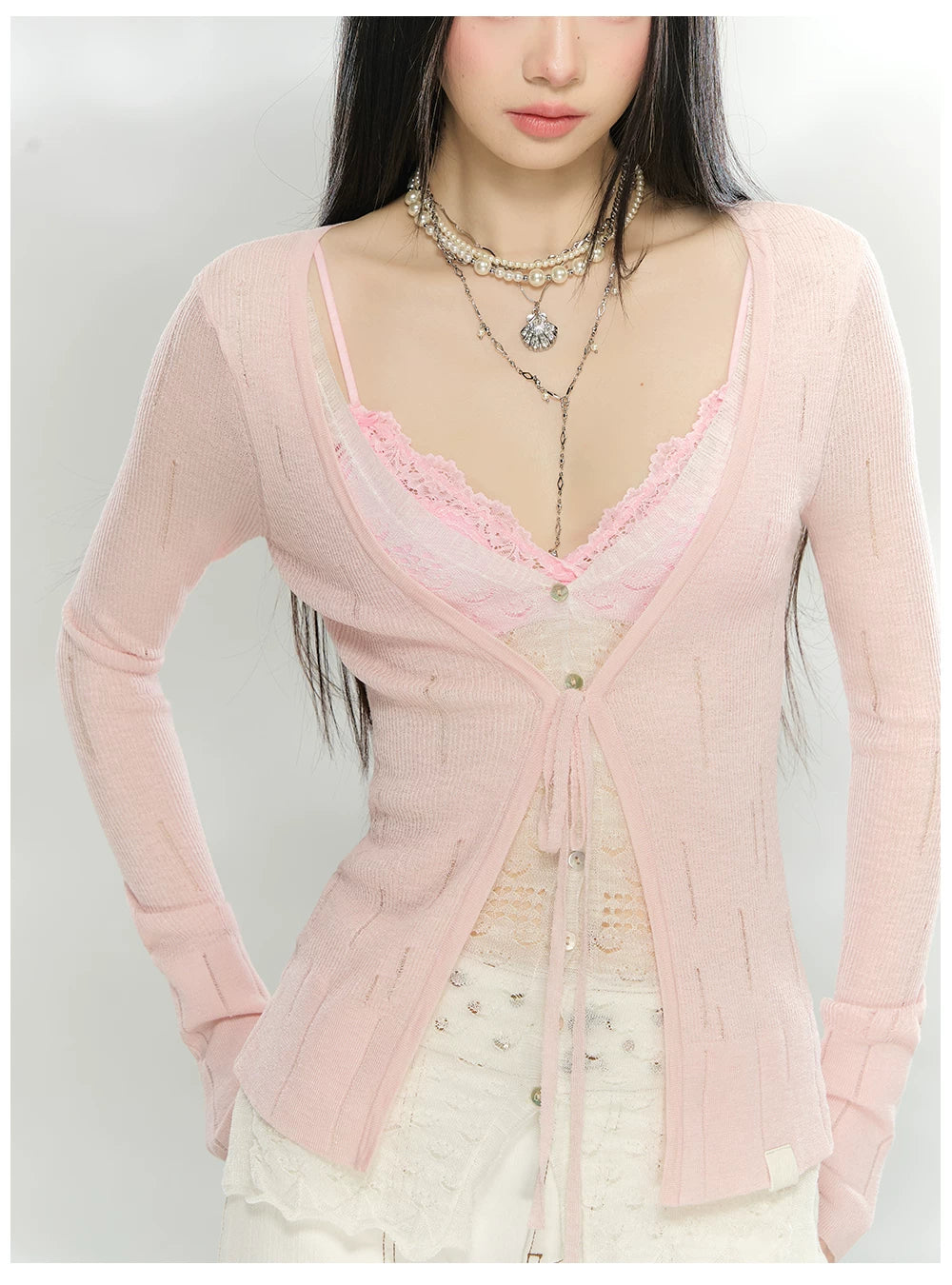 Sheer Layered Lace-Trim Knit Cardigan