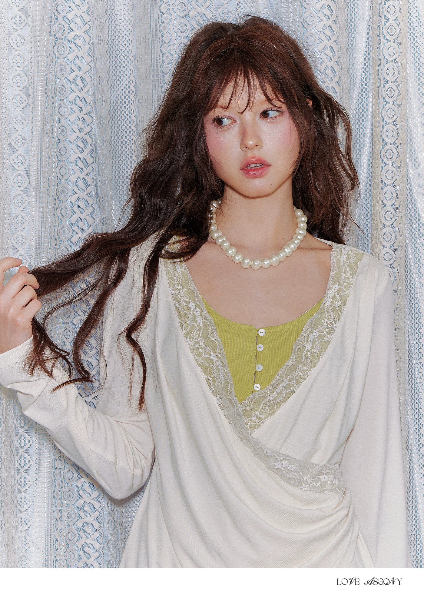 Tencel Lace Contrast Layered Cross-Drape Blouse