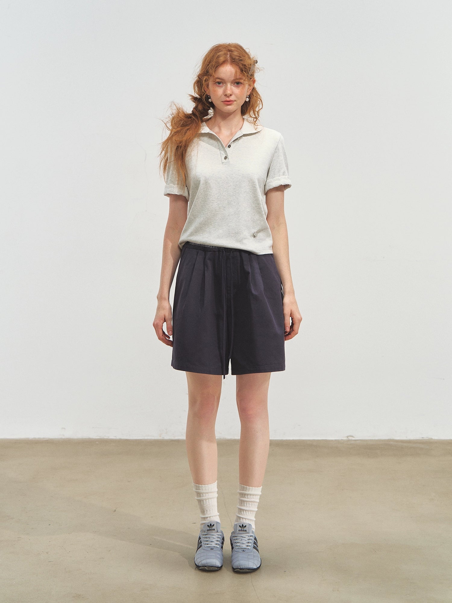 Striped Lace Short-Sleeve Polo Neck T-Shirt - CHINASQUAD