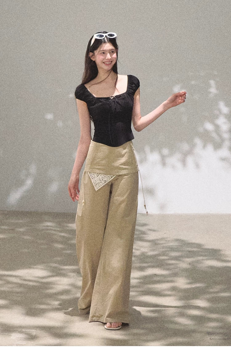 Ruched Waist Puff Sleeve Cropped T-shirt