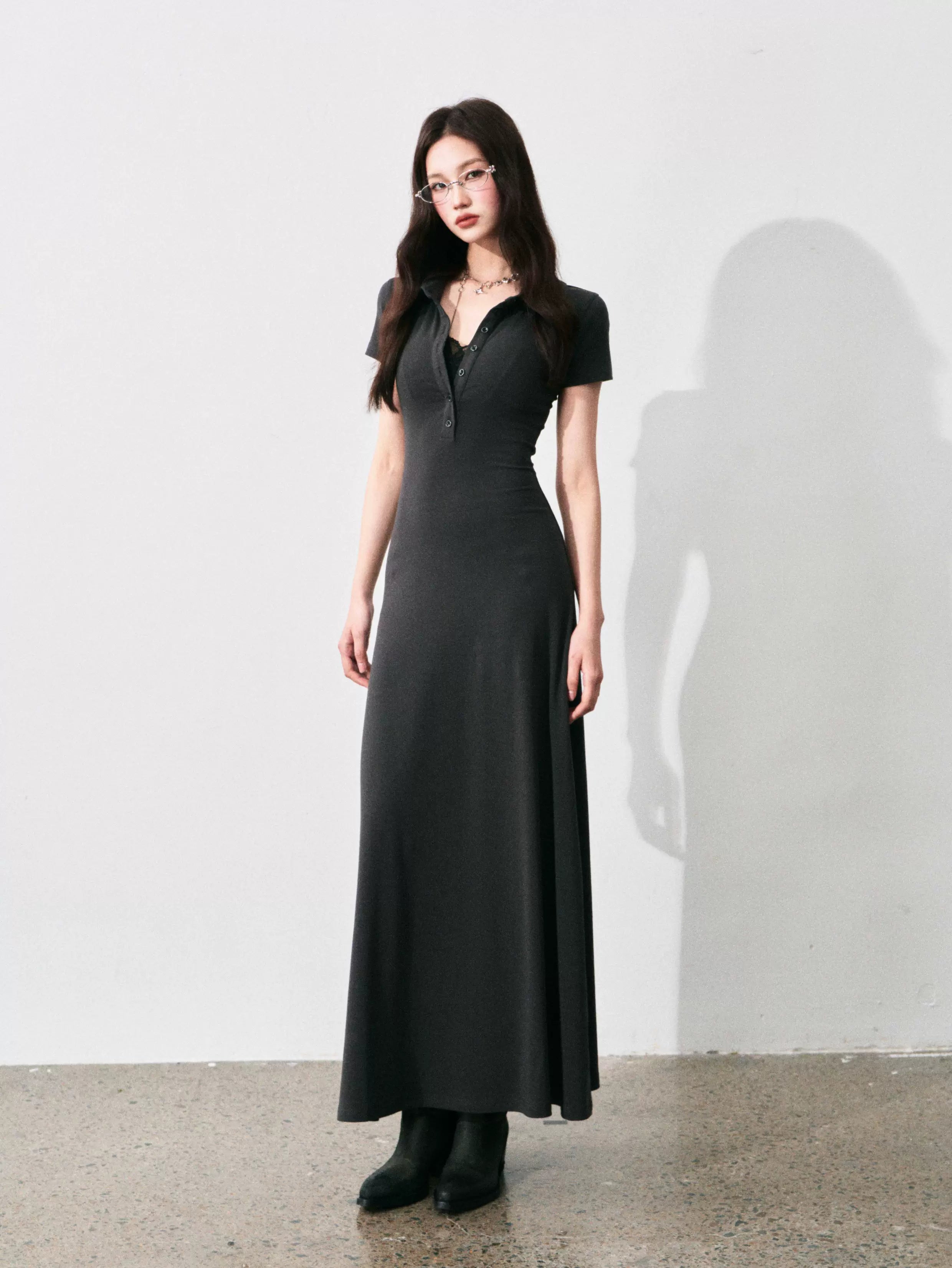 Half-Placket Polo Collar Knit Maxi Dress