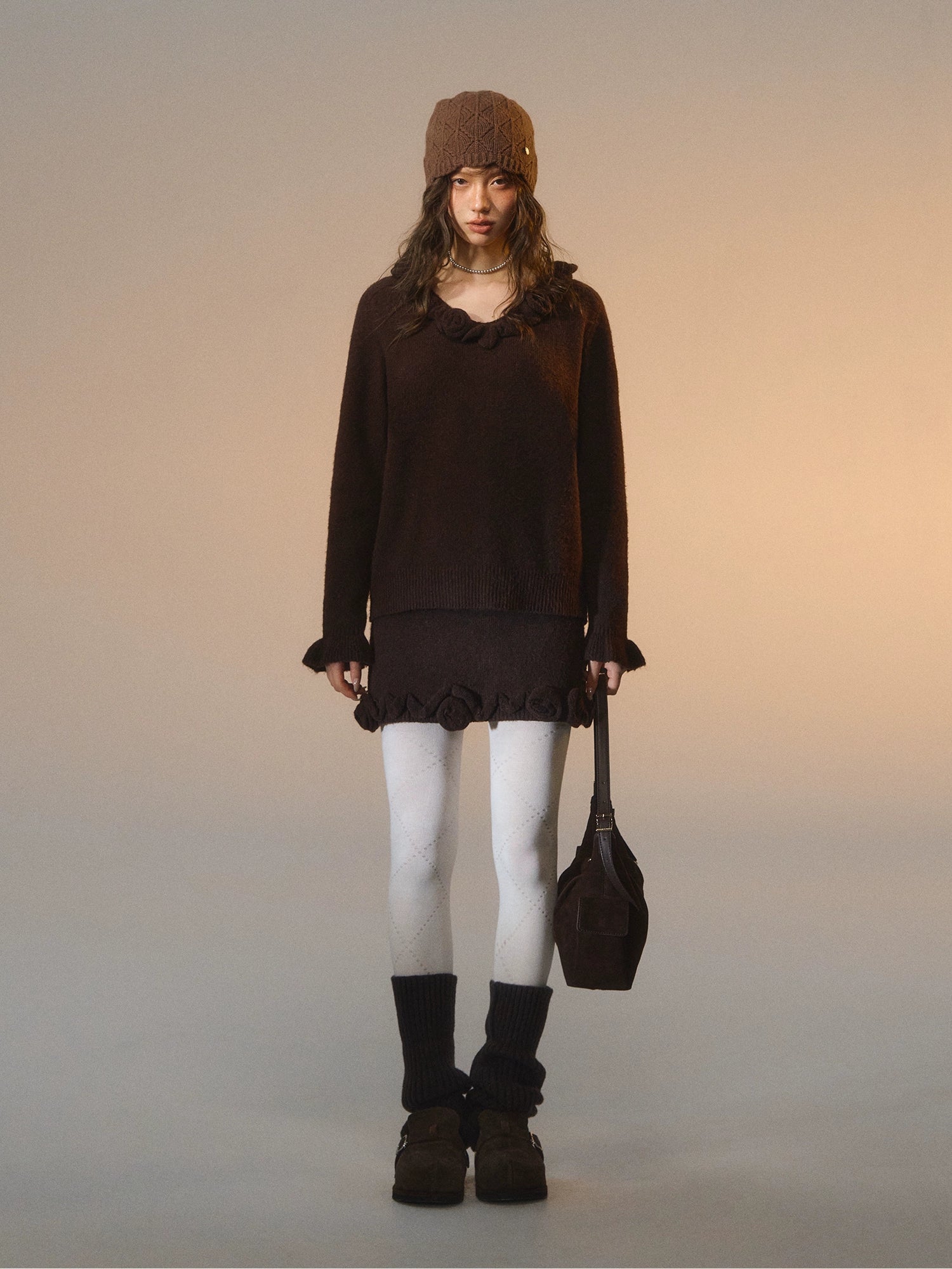 3D Rose V-Neck Knit Sweater & A-Line Knit Skirt Set