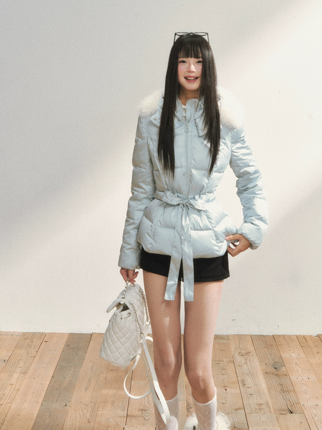 Two-Tone Belted Detachable Fur Hood Down Jacket