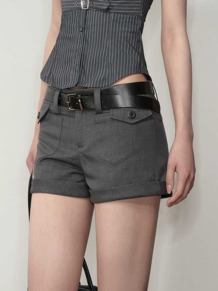 Grey Patch-Pocket Low Waist Suit Shorts - CHINASQUAD