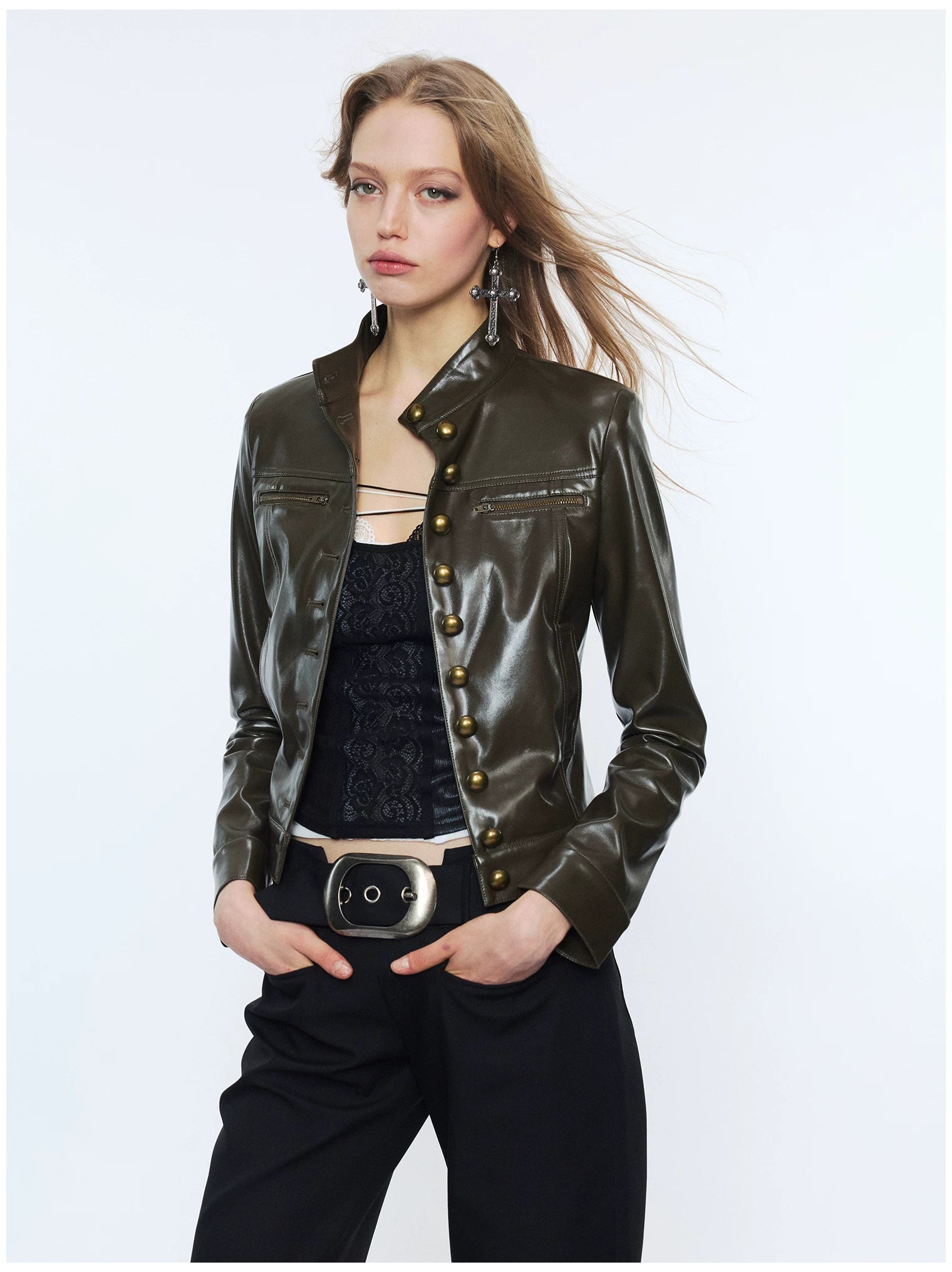 Punk Metal Button Waist-Cinched Faux Leather Jacket