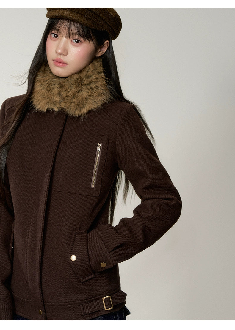 Brown Faux Fur Collar Slim Wool Jacket - CHINASQUAD