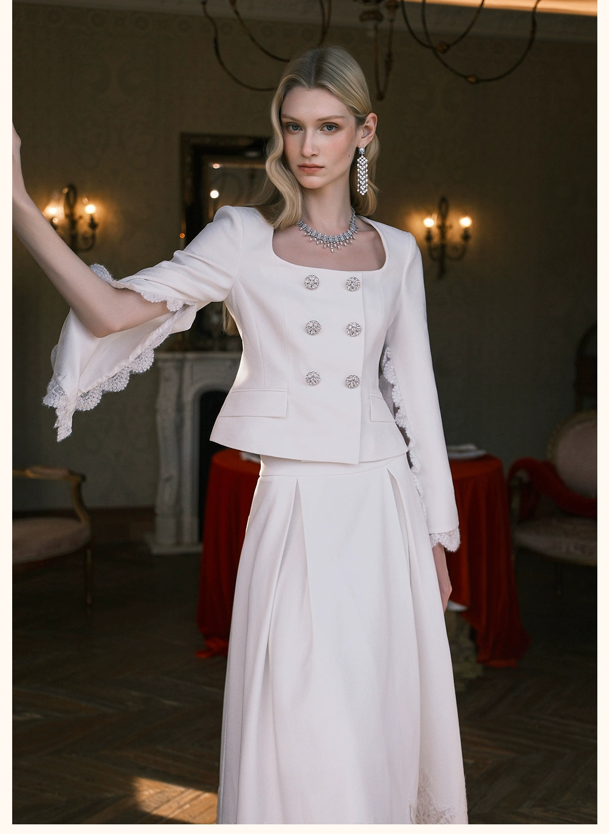 Mirage Vintage Lace-Collar Blazer & Flared Skirt Set - CHINASQUAD