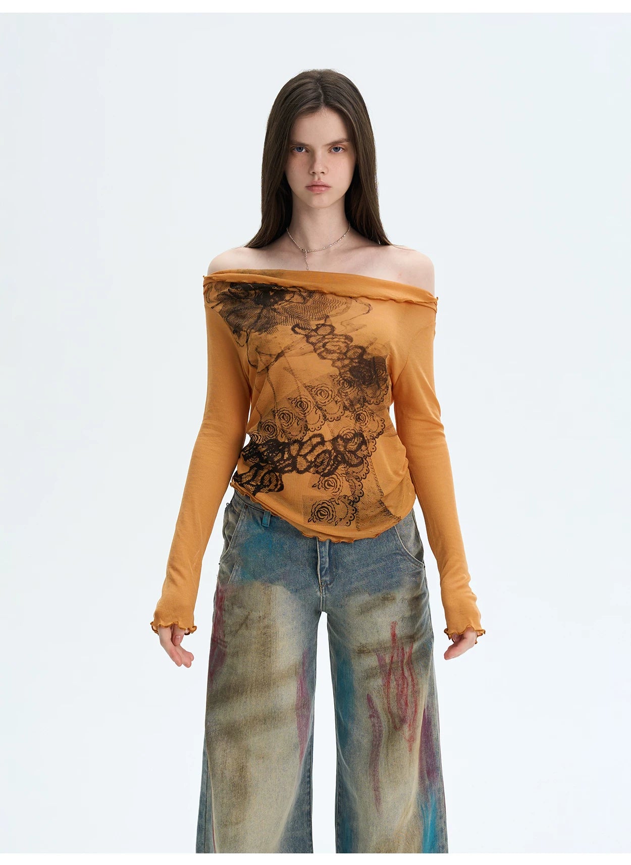 Lyocell Off-Shoulder Knit Crewneck