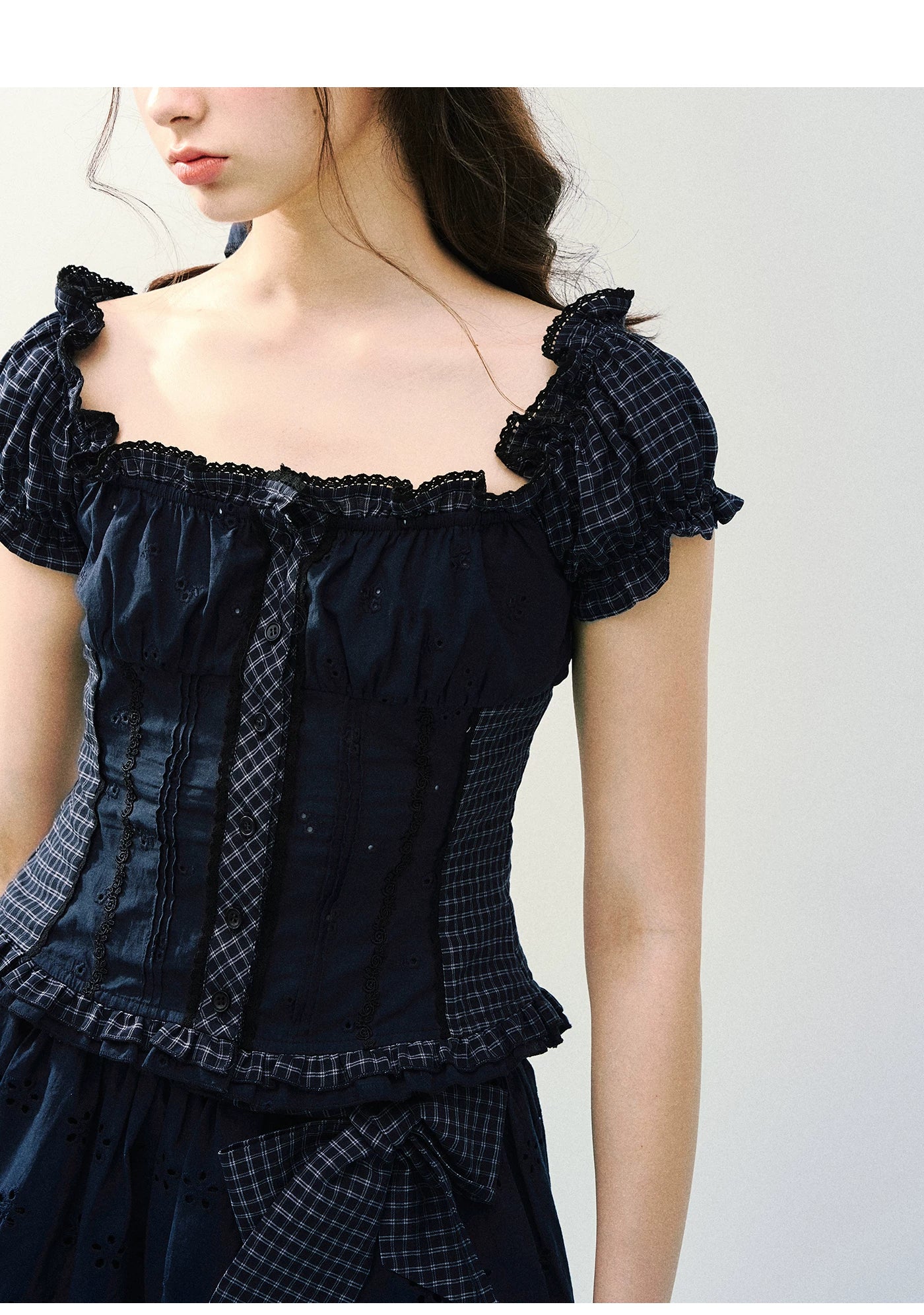 Vintage Plaid Lace Ribbon Two-Piece Set