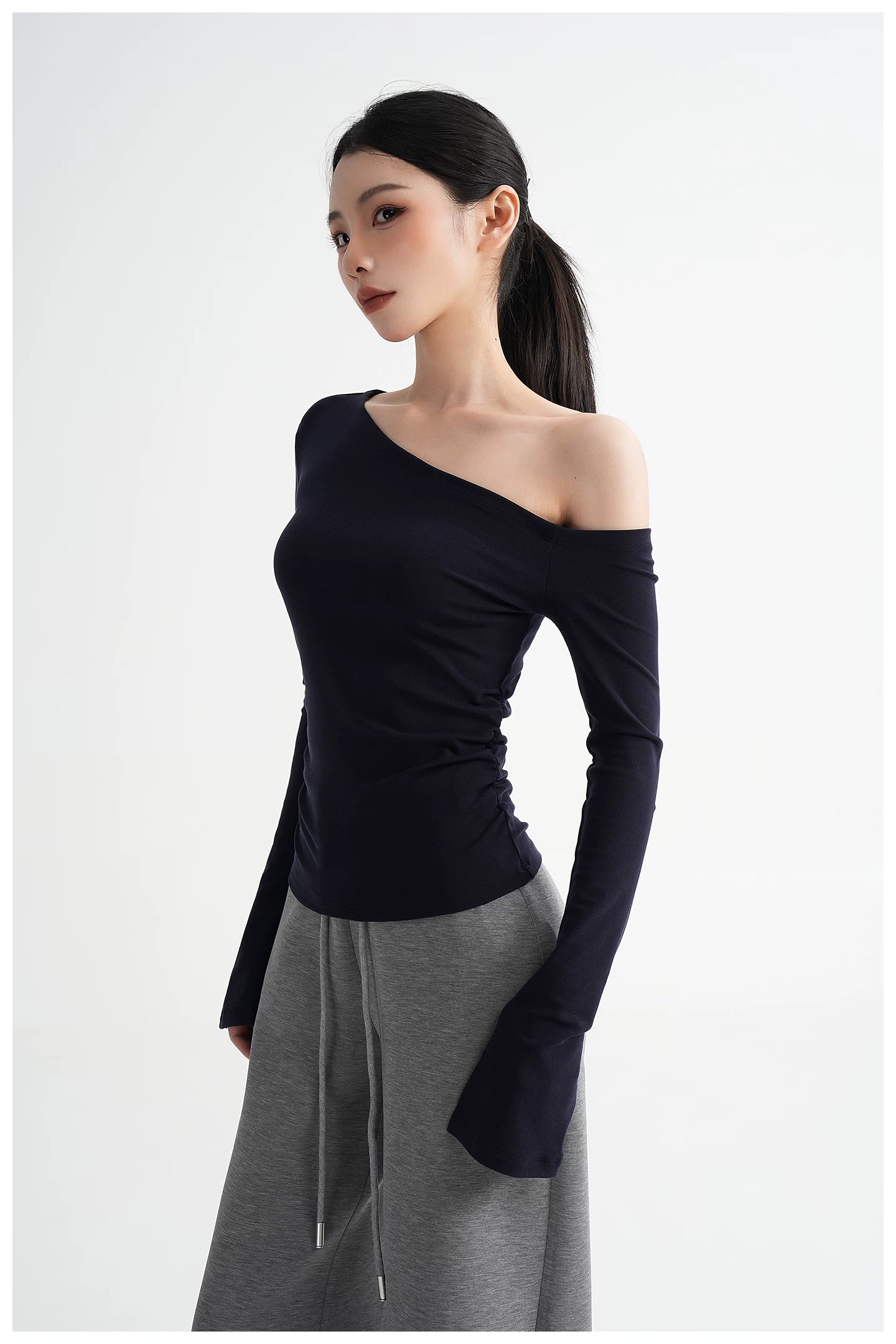 One-Shoulder Lyocell Flared Sleeve Fitted T-Shirt