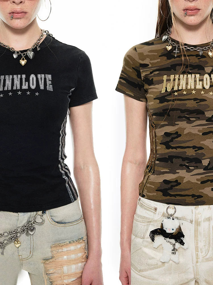 Vintage Washed Patchwork Striped Slim Fit T-Shirt - CHINASQUAD